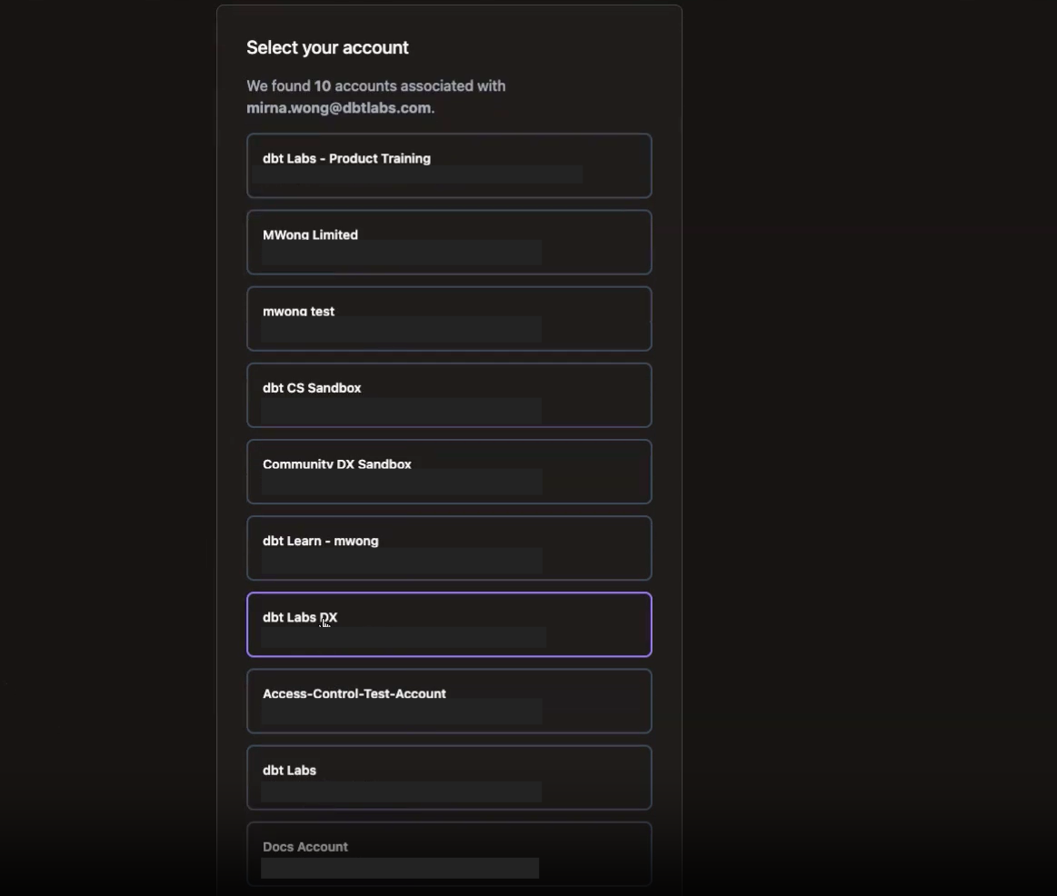 Select account to login to dbt platform Select account to login to dbt platform